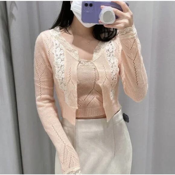 Zara Pink Lace Detail Cardigan - Picture 1 of 10